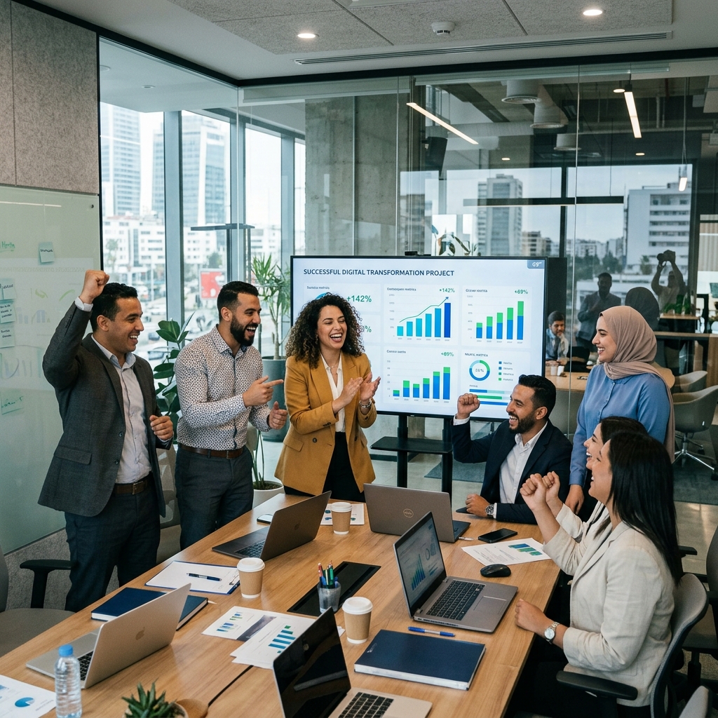 Moroccan team celebrating digital transformation success