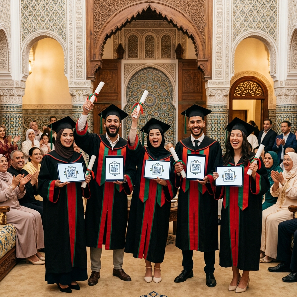 Moroccan university graduation ceremony with digital credential badges