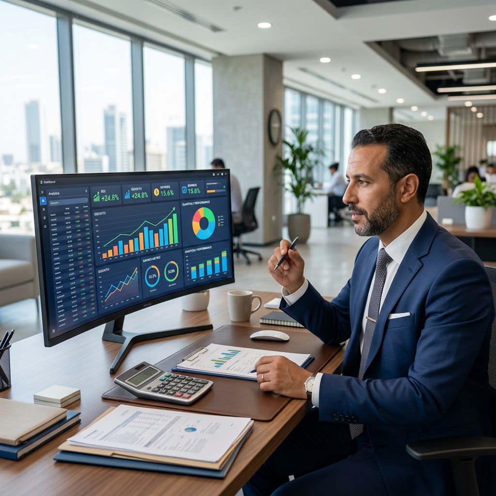 Finance director analyzing ROI savings