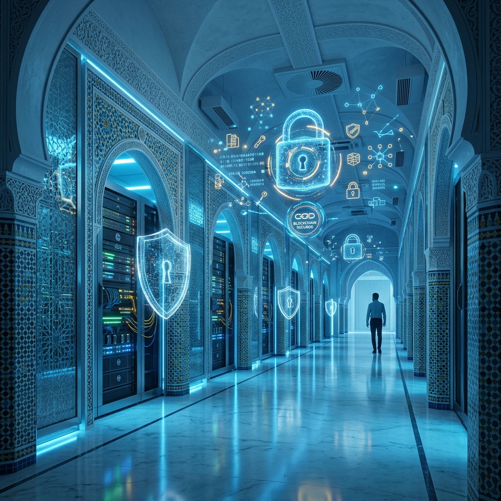 Morocco-inspired data center with zellige patterns and blockchain security visualization