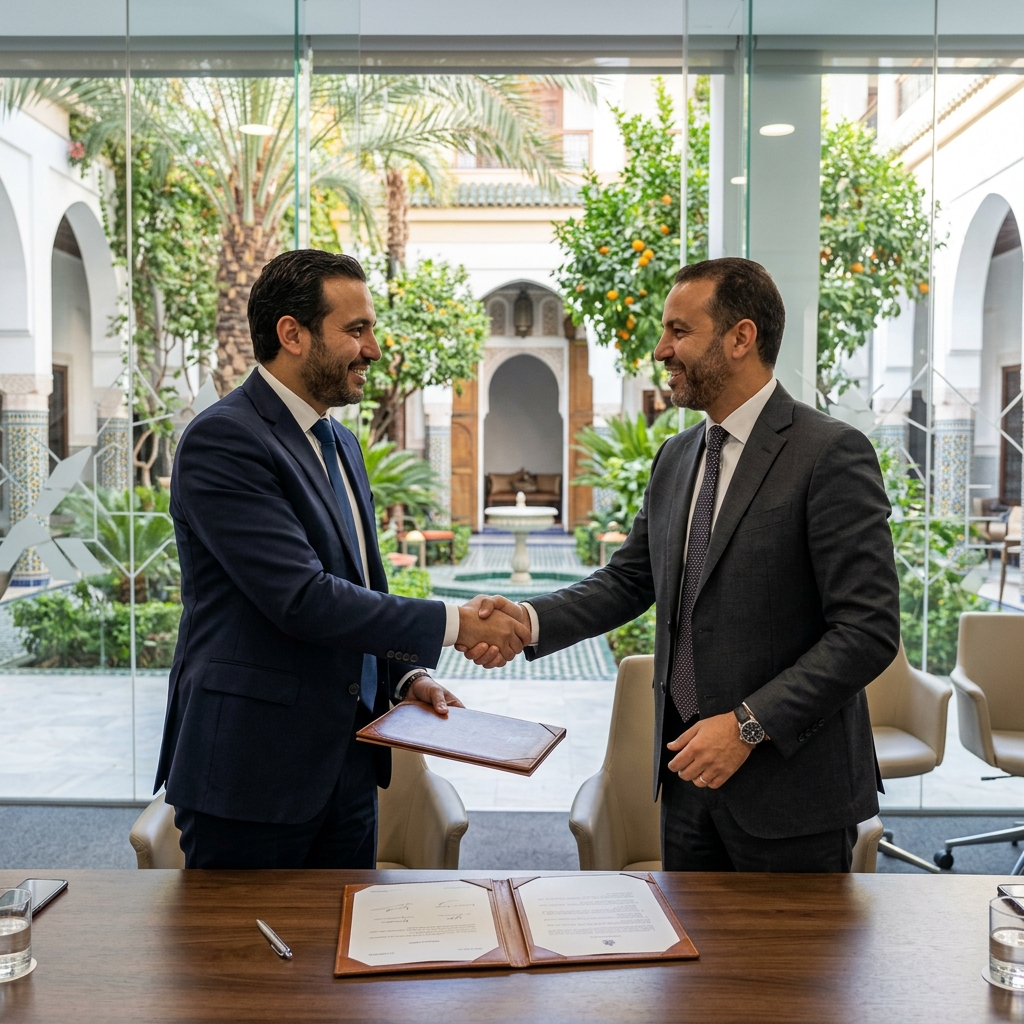 Business partnership agreement in Moroccan office