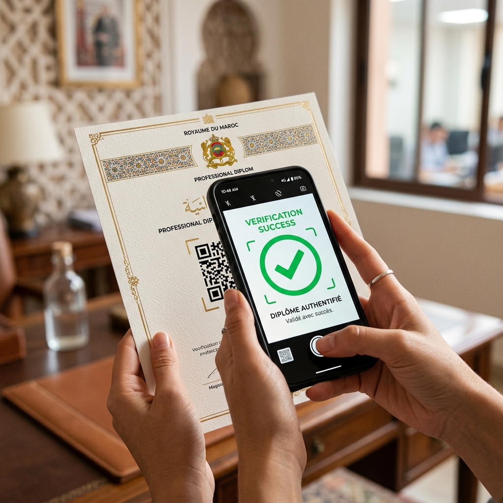 Scanning QR code on Moroccan diploma for instant verification